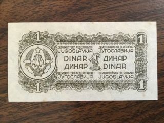 1944 Yugoslavia Paper Money - One Dinar Banknote