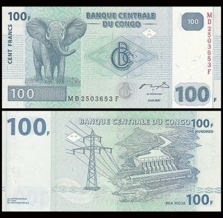 Congo 100 Francs,  2007 - 2013,  P - 98,  Elephant,  Unc World Currency
