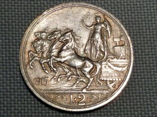 Italy Kingdom Silver 1915 2 Lire Vittorio Emanuele Iii Horses Roman Quadriga Wwi