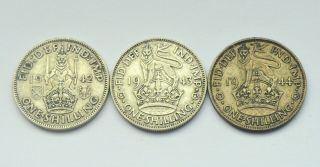 Uk Great Britain One Shilling 1942 1943 1944 X 3 Silver Coins