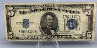 1934 - D $5 Dollar Bill Silver Certificate Frn Note Blue Seal Banknote Paper Money