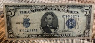 1934 - D $5 DOLLAR BILL SILVER CERTIFICATE FRN NOTE BLUE SEAL BANKNOTE PAPER MONEY 3