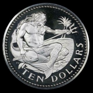 1976 Barbados $10 Proof Neptune Sterling Silver Franklin Still
