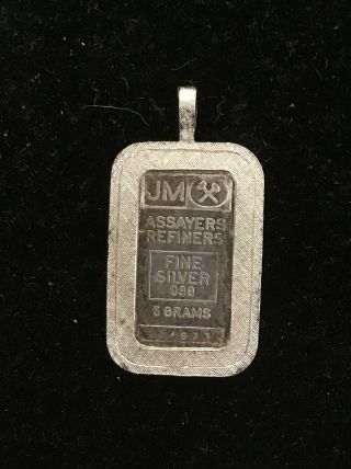 Johnson Matthey Assayers Refiners 5 Gram.  999 Fine Silver Bar Pendant Ingot