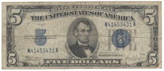 1934 C $5 Silver Certificate Large Blue Seal Five Dollar Note Fr 1653
