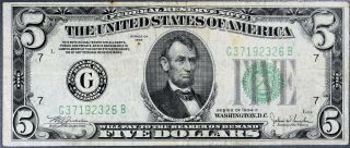 1934 - C $5 Dollar Federal Reserve Note Frn Chicago Fr 1959 - C Grade: Vf A1286