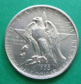 1935 - D Texas Centennial Commemorative Silver 1/2 Dollar.  Au Details.