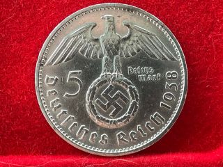 German Nazi Silver Coin 1938 F 5 Reichsmark.  900 Silver Big Swastika