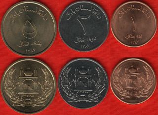 Afghanistan Set Of 3 Coins: 1 - 5 Afghanis 2004 - 2005 Unc