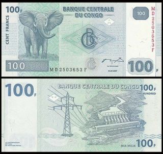 Congo 100 Francs,  2007 - 2013,  P - 98,  Elephant,  Unc World Currency