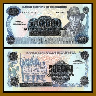 Nicaragua 500,  000 (500000) On 20 Cordobas,  1990 P - 163 Unc