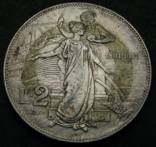 Italy 2 Lire 1911 R - Silver - 50th Anniversary Of The Kingdom - Vf - 3483