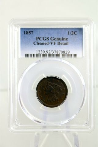 1857 Us Braided Hair Half Cent 1/2¢ Early Copper Pcgs Cleaned Vf Details
