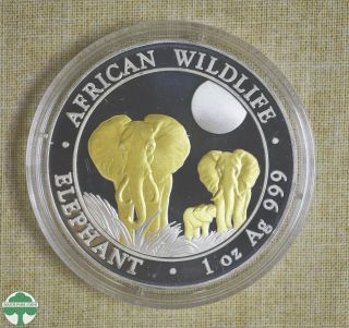 2014 Somalia 100 Shillings W/ Gold Gilt - Elephant - Fineness: 999 - 1 Oz Silver