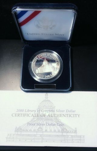 2000 - P $1 Library Of Congress Commemorative 90 Silver Dollar W/ Case,  Box &