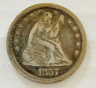1857 Liberty Seated Quarter.  Variety 1.  Fine.  Liberty Complete