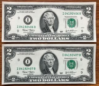 2003 $2 Two Dollar Notes - 9 I Minneapolis - Set Of 2 In Sequence - Uncirculated