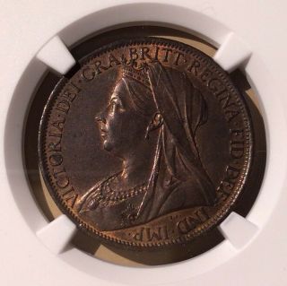 1901 Great Britain One Penny Ngc Ms 63 Bn - Bronze - Victoria Draped Bust