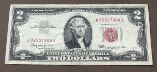 1963 $2 Red Seal Note " A 09507908 A " Us Two Dollar Bill