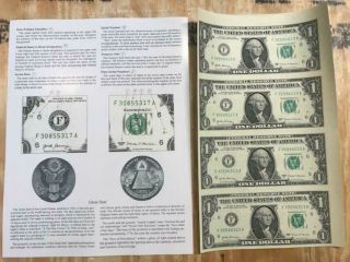 Uncut Sheet Of 4 2017 $1 Dollar Bills,  Uncirc.  Currency,  Us Bills
