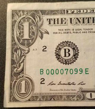 2013 FRN York,  NY 1 dollar FANCY low serial number B00007099E 3