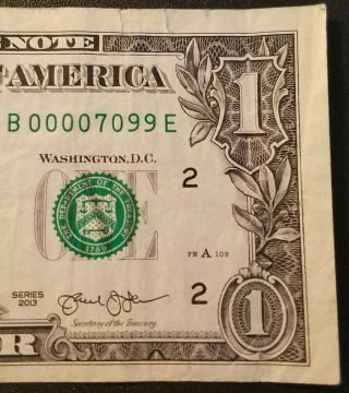 2013 FRN York,  NY 1 dollar FANCY low serial number B00007099E 4