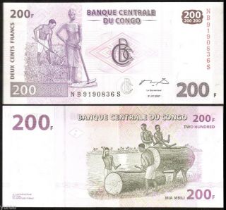 Congo Dr - 200 Francs 2007 Unc,  Pick 99