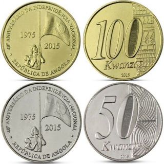Angola Set 2 Coins 50 100 Kwanzas 40 Years Independence Portugal 2015 Africa Unc