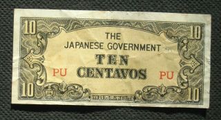 Old 10 Centavos Banknote Japanese Government Military Currency World War Ii Pu
