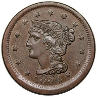 1854 Braided Hair Large Cent,  N - 11,  R2,  Au