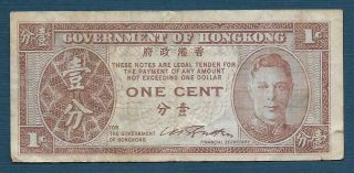 China Hong Kong 1 Cent,  1945,  Vf