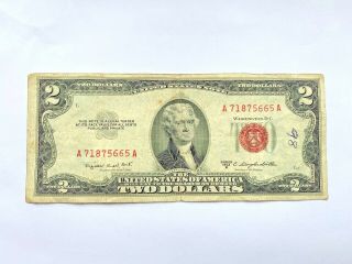 1953 B Series U.  S.  $2 Two Dollar Bill With Red Seal " A71875665a "
