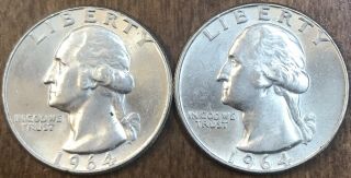 2 Silver Washington Quarters: 1964,  1964 - D; In Usa
