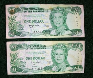 2 One Dollar Notes = Us $2 From The Bahamas.  Authentic Valid Currency.