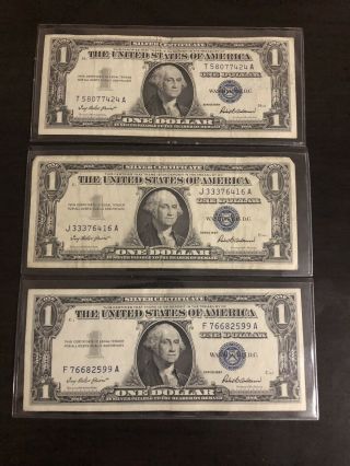 One Dollar ($1.  00) Bills Set Of Three Dated 1957 - Circulated