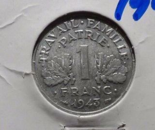 Circulated 1943 1 Franc Vichy French Coin (81615)