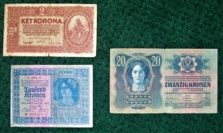 Austria - Hungary Empire Bank Notes From 1913,  1920 And 1922,  2,  20 & 1000 Kronen