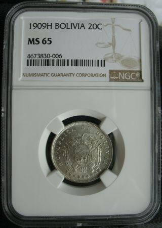 1909 - H Bolivia Silver 20 Centavos Ngc Ms - 65