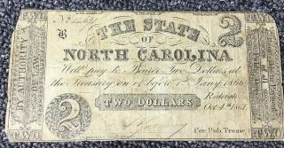 1861 $2 State Of North Carolina Obsolete Bank Note Obsolete Currency