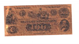 Obsolete $100 Banknote Currency Civil War Era 1862 State Of Mississippi