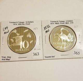 1974 Trinidad & Tobago 10 & 5 Dollars Proof Sterling Silver Coins Km8 And Km24a