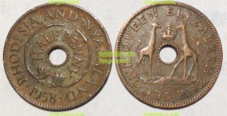 Rhodesia And Nyasaland （zimbabwe） 1/2 Half Penny 1958 Giraffe 21mm Bronze Coin