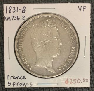 1831 - B France 5 Francs Silver Km 736.  2 Very Fine Nr