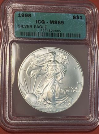 1998 1 Oz Silver American Eagle Icg Ms 69