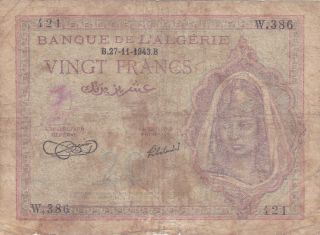 20 Francs Vg - Poor Banknote From French Algeria 1943 Pick - 92 Small Type