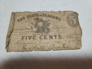 1863 The State Of Alabama Five Cents Confederate States Treasury Notes 5c,  Pp N