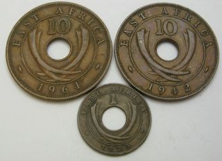 East Africa 1,  10 Cents 1923/1964 - Bronze - 3 Coins.  - 460