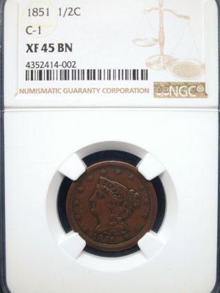 1851 1/2c Braided Hair Half Cent Ngc Xf45 Brown C - 1