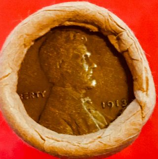1913 - P / BU TAILS WHEAT END OBW BANK WRAP LINCOLN WEAT PENNY ROLL 5