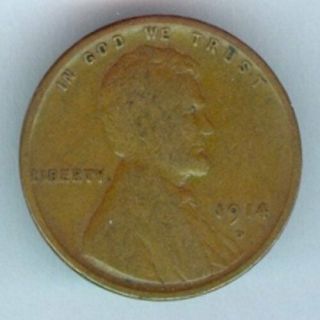 1914 - D U.  S.  Lincoln " Wheat " Cent - Copper - Scarce - Very Good Plus